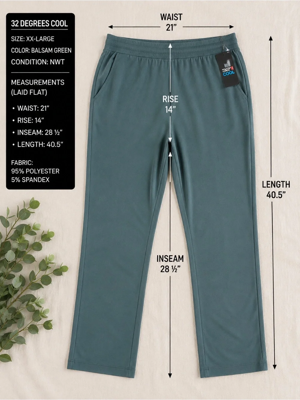 NWT 32 Degrees Cool Balsam Green Stretch Pull-On Pants 28.5” XXL